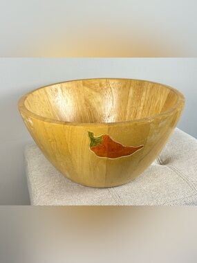 Clay Art Hand Painted Wood Salad Bowl With Chili Pepper Design Vintage 1999